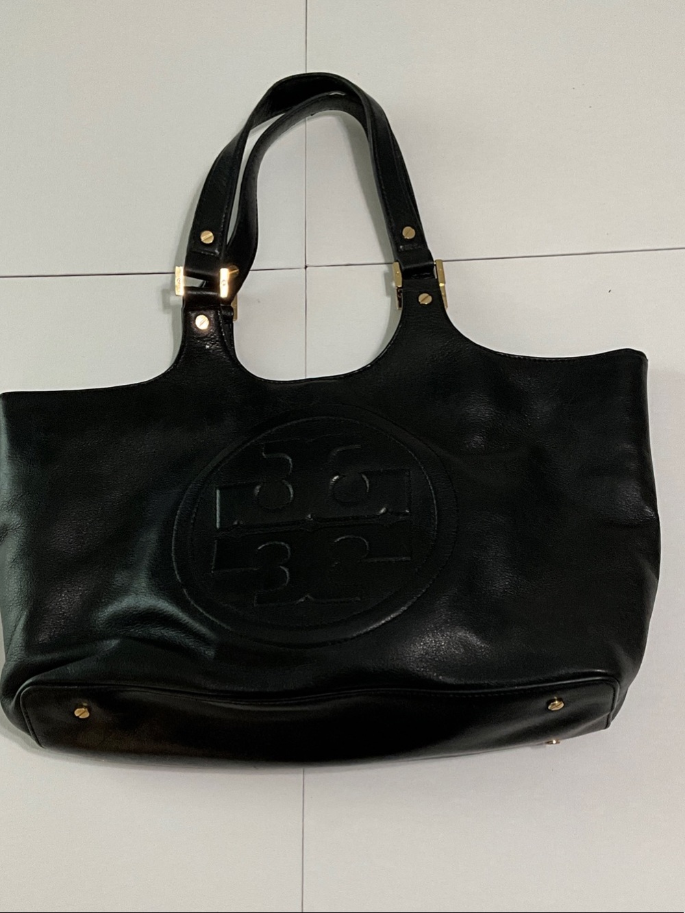 Tory Burch Black Leather Embossed Logo Tote with Gold Hardware